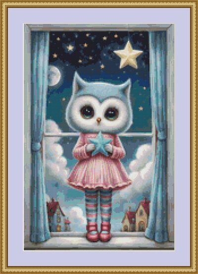 Owl And Blue Star Cross Stitch Pattern