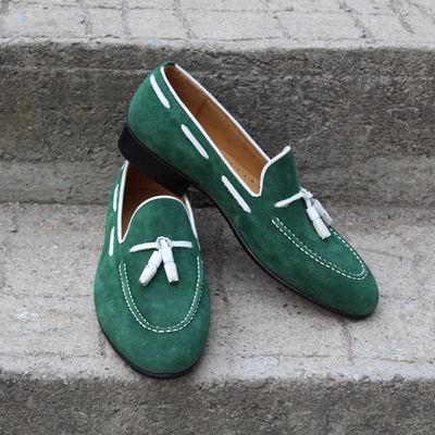 Crafted leather green suede leather tassel loafers dress shoes - Thumbnail 2