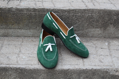 Crafted Leather Green Suede Leather Tassel Loafers Dress Shoes