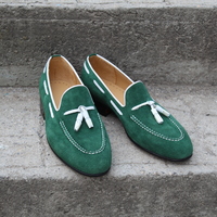 Crafted Leather Green Suede Leather Tassel Loafers Dress Shoes - Thumbnail 1