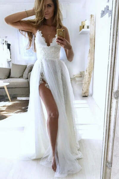 A Line V Neck White Lace Long Prom Dress with High Slit,V Neck White Lace Wedding Dress,1041