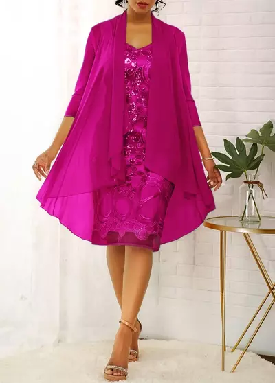 Sheath Mother of The Bride/ Groom Dresses Satin Chiffon Plus Size Two Pieces Wedding Guest Dress Long Sleeve Knee Length Evening Gowns