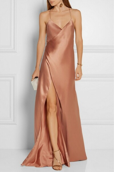 Simple A-Line Spaghetti Straps Champagne Satin Prom Dress with Split Front,1052