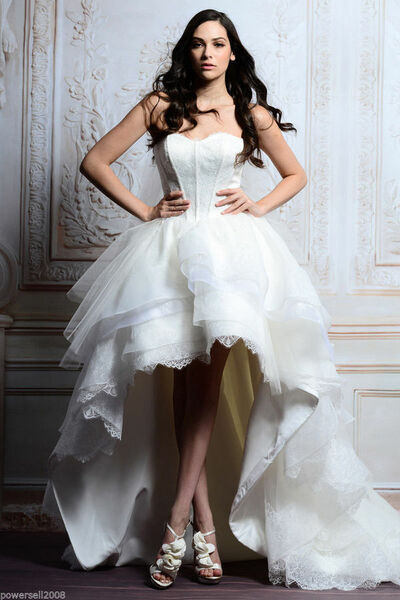 Elegant Hi-lo Wedding Dress,New Elegant White Strapless Lace Wedding Dress High Low Long Bridal Dress,1773