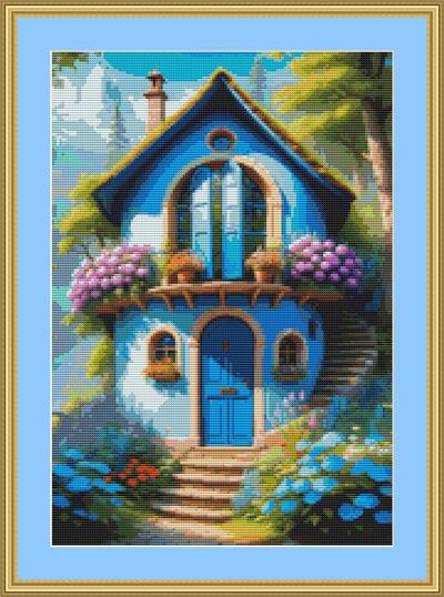 Blue Round House Cross Stitch Pattern