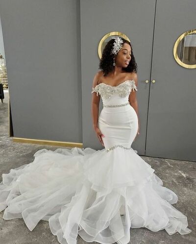 African Girls Mermaid Beading Lace Wedding Dress Bridal Gowns