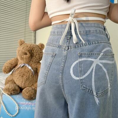 Y2k bow jeans baggy denim pants - Thumbnail 2