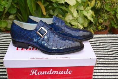 Handmade Classic Monk Strap Blue Crocodile / Alligator Dress Oxford Shoes