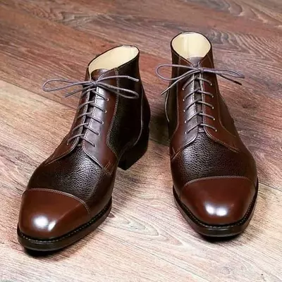 Handmade Men's Balmoral Two Tone Brown Cowhide Leather Cap Toe Ankle High Boots