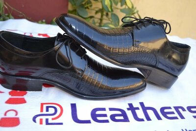Crafted Leather Black Crocodile Texture Leather Alligator Lace up Formal Dress Shoes