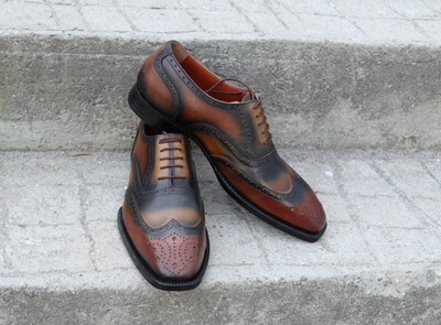 Crafted Leather Classic Green Brown Patina Leather Wingtip Oxford Lace up Dress Shoes