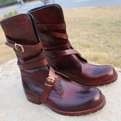 Crafted leather bespoke dress shoes burgundy leather ankle high jodhpur buckle strap boot - Thumbnail 3