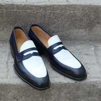 Crafted Leather Classic Blue Leather White Crocodile/Alligator Moccasin Loafers Dress Shoes - Thumbnail 1