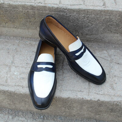 Crafted leather classic blue leather white crocodile/alligator moccasin loafers dress shoes - Thumbnail 2