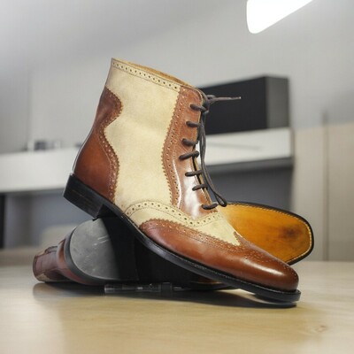 Handmade Ankle High Brown Beige Lace Up Leather Suede Boot, Classic Boot
