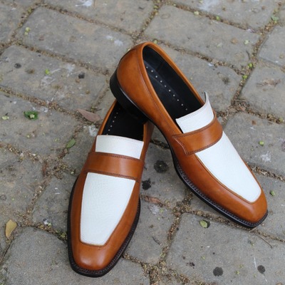 crafted leather classic brown white leather moccasin loafers formal dress shoes - Thumbnail 4