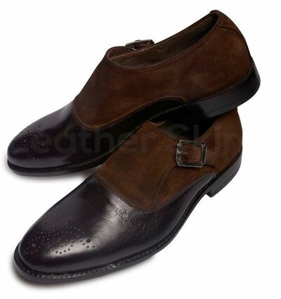 Men Brown Brogue Single Monk Suede and Genuine Leather Shoes