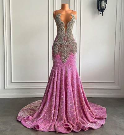 Real Picture Long Prom Dresses 2024 Sexy Mermaid Style Sheer Mesh Luxury Silver Diamond Black Girls Pink Sequined Prom Gala Gown,1780