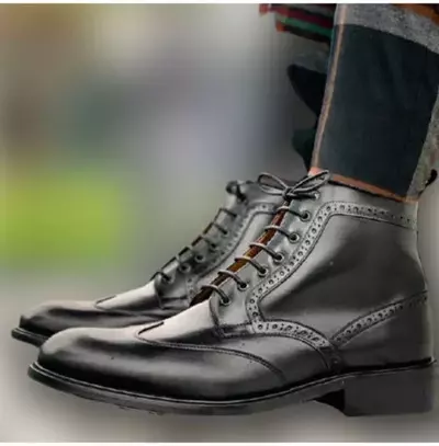 New Handmade Men's Black Leather Brogue Boots, Men Leather High Ankle Boots