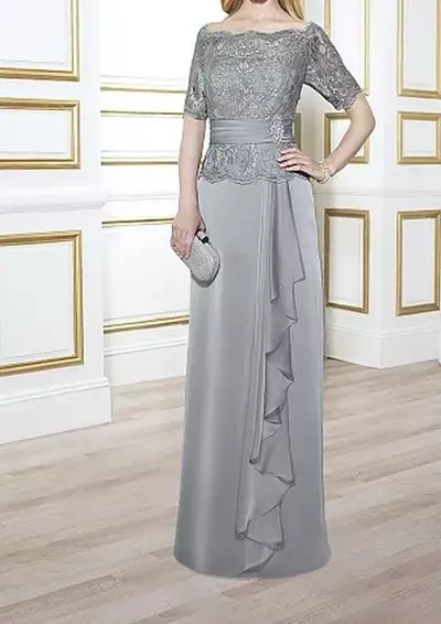 Elegant Mother of the Bride Dresses Light Gray Satin Chiffon with Lace Top Zipper Back Mother's Dresses Off Shoulder Custom Made