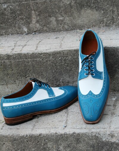 Crafted Leather Men Blue White Leather Classic Wingtip Lace up Dress Shoes