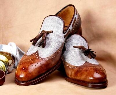 Handmade Leather and Tweed Tassel Loafers for Men Custom Made Shoes for Men