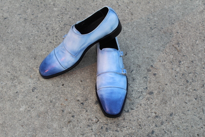 Crafted Leather Made to Order Classic Blue Leather Double Monk Strap Dress Shoes