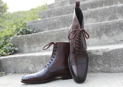 Crafted Leather Bespoke Shoes Dark Brown Classic Ankle High Lace up Dress Boot
