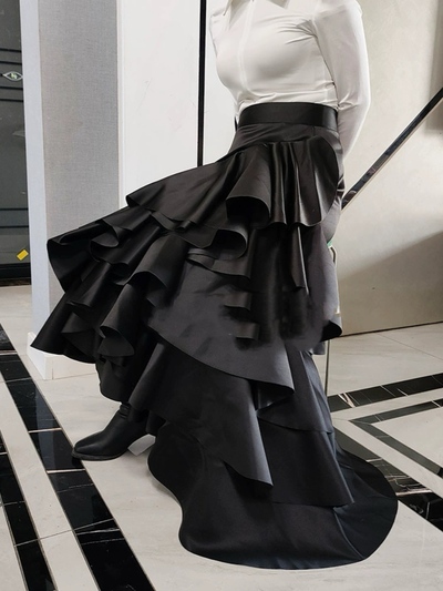 Black Taffeta Maxi Skirt, Black Holiday Skirt Outfit, Women High Waisted Layered Formal Maxi Skirt Custom Plus Size