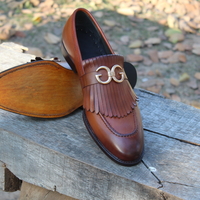 Crafted Leather Classic Brown Leather Fringes Moccasin Loafers Dress Shoes - Thumbnail 2