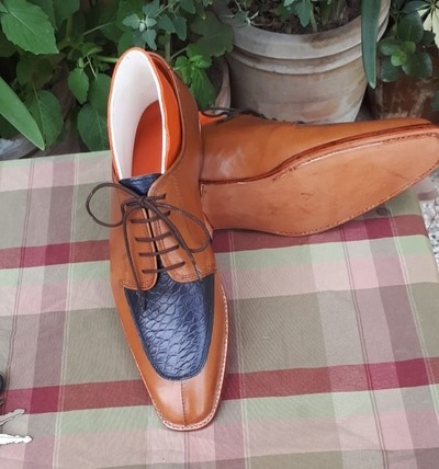 Brown Blue Leather Dress Lace up Oxford Shoes