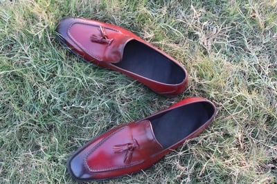 New Handmade Men's Red Tassel Loafers Shaded Moc Toe Pure Leather Party Shoes