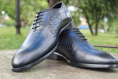 Handmade Men Blue Genuine Leather Alligator Lace up Dress Oxford Shoes