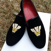 Crafted Leather Classic Black Velvet Moccasin Loafers Dress Shoes - Thumbnail 1