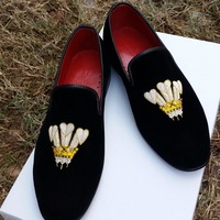 Crafted Leather Classic Black Velvet Moccasin Loafers Dress Shoes - Thumbnail 3