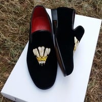 Crafted Leather Classic Black Velvet Moccasin Loafers Dress Shoes - Thumbnail 4