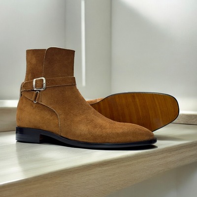 Handmade Ankle High Brown Suede Boot, Men's Buckle Style Boot