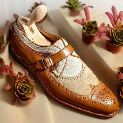 Hot Sale Men's Handmade Two Tone Leather Suede Shoes, Single Mink Strap Formal Shoes