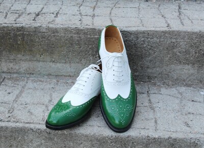 Crafted Leather Classic Green White Leather Wingtip Oxford Lace up Dress Shoes