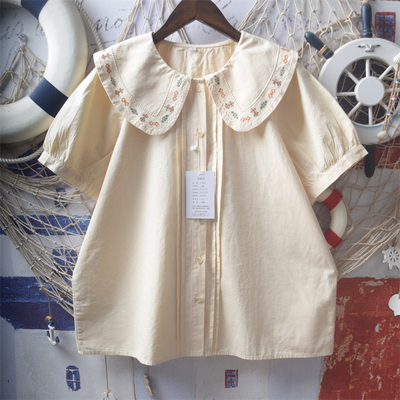 Retro style accordion pleat heavy embroidery doll collar loose short-sleeved blouses