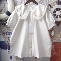 Retro style accordion pleat heavy embroidery doll collar loose short-sleeved blouses - Thumbnail 1