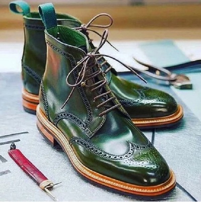 Premium Quality Handmade Men's Genuine Green Italian Leather Lace up Wingtip Bro