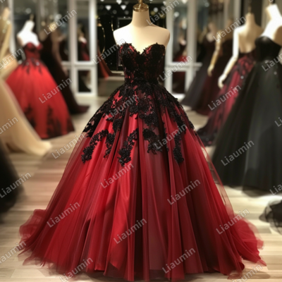 Red and Black Lace Applique Strapless Full Length Tull Prom Dress Evening Dress Custom Hand Made J4-7.3
