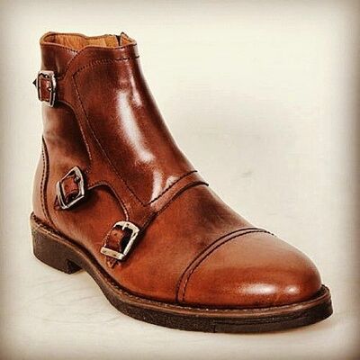 Handmade Men's Monk Boot, Men's Brown Color Leather Cap Toe Tripple Monk Strap C