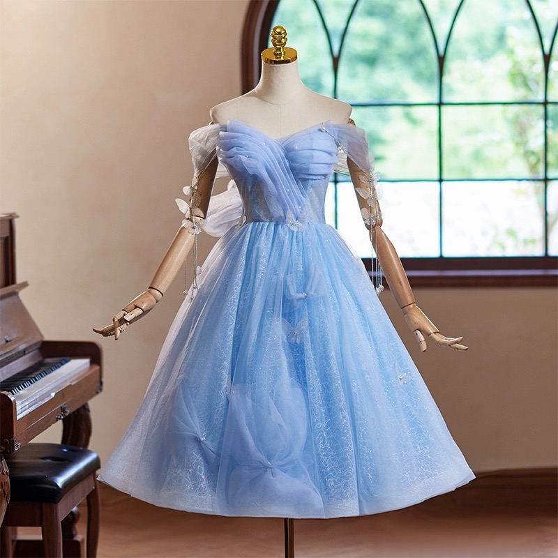 Blue Tulle Off the Shoulder A-Line Party Dress