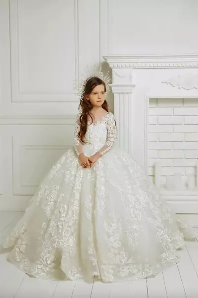 Ivory Girls Dresses Long Sleeve Lace Flower for Weddings Princess First Communion Evening Party Birthday Pageant Prom Ball Gowns