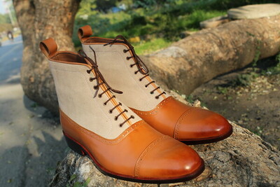 Bespoke Handmade Beige Suede Tan Leather Ankle High Lace up Boot