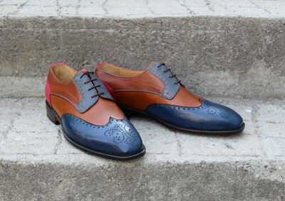 Crafted Leather Classic Multi Color Leather Wingtip Oxford Lace up Dress Shoes