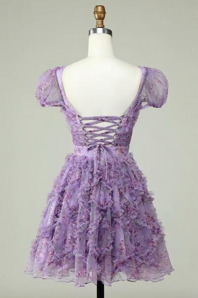 Floral A Line Purple Homecoming Dress with Ruffles,SF0551