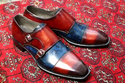 Crafted Leather Handmade Classic Brown Blue Patina Leather Double Monk Strap Dress Shoes